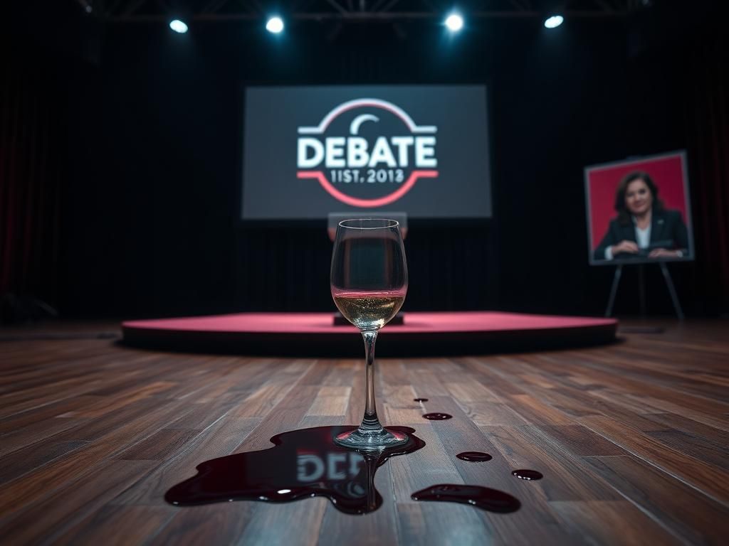Flick International A dimly lit debate stage with an empty podium and a spilled glass of wine, symbolizing the tension of political discourse