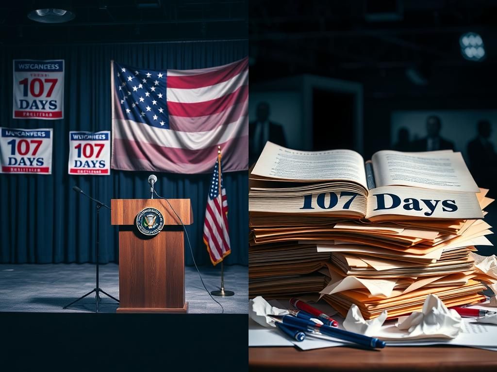 Flick International Split scene of political tension with a podium and campaign posters on one side and open books on the other