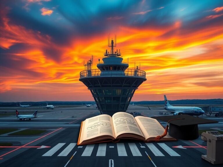 Flick International Aerial view of a busy air traffic control tower at sunset