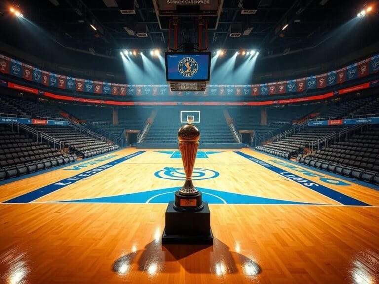 Flick International Empty basketball court illuminated with New York Liberty colors