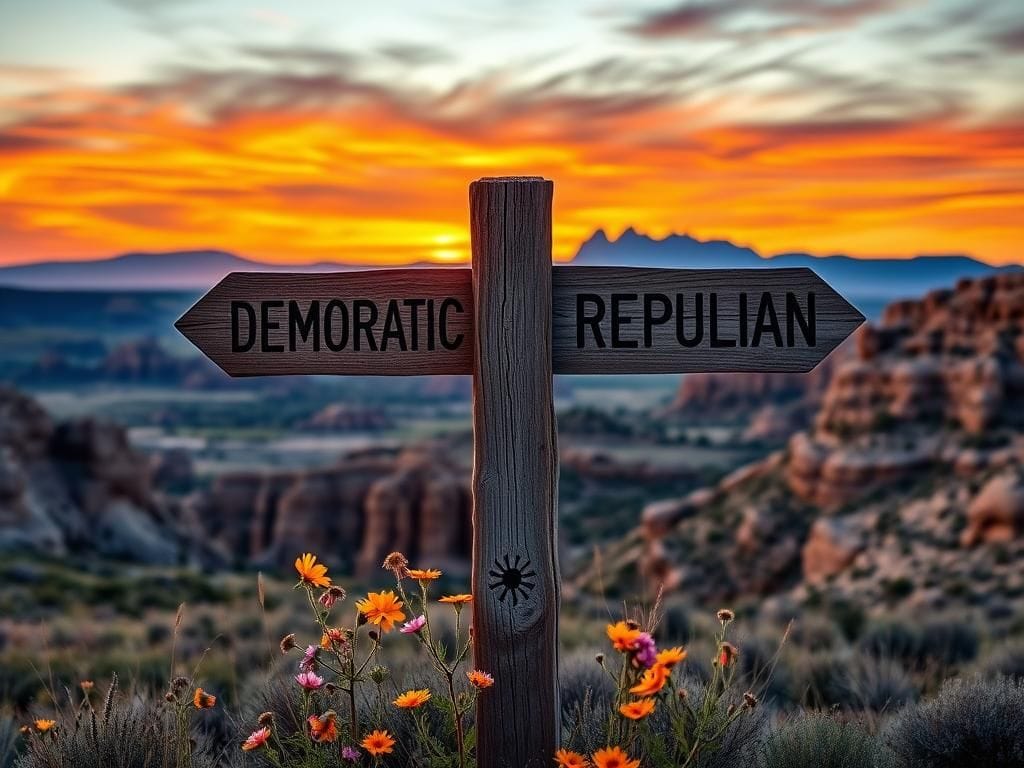 Flick International Scenic landscape of South Dakota's Badlands featuring a signpost indicating a political shift from Democratic to Republican