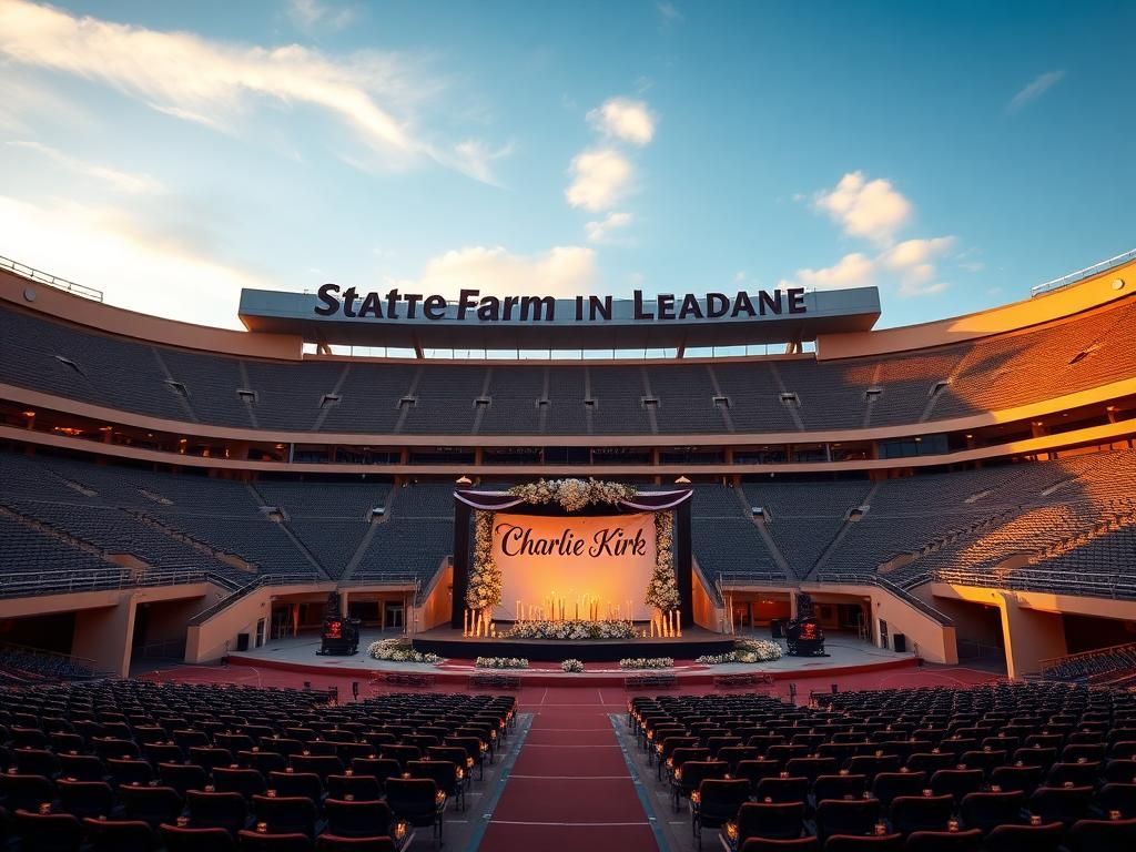 Flick International A grand memorial stage for Charlie Kirk illuminated by warm sunlight