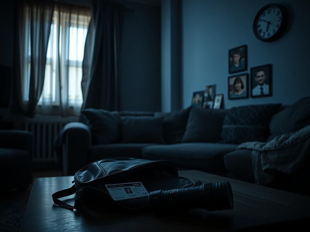 Flick International Dimly lit living room with a black backpack and personal items suggesting a recent burglary