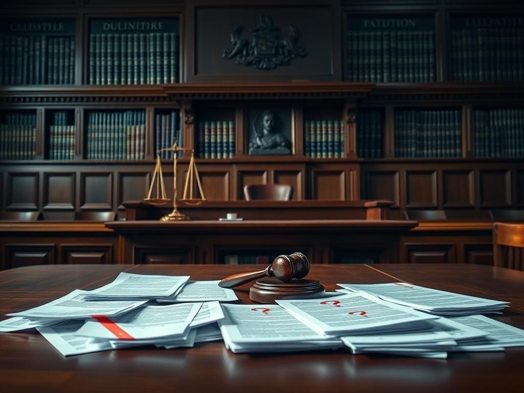 Flick International A courtroom scene highlighting judicial integrity with a judge's bench and climate-related documents