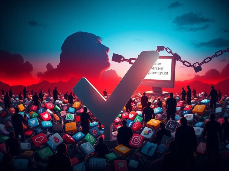 Flick International A digitally rendered social media landscape with a large ominous checkmark and colorful icons representing various platforms, symbolizing online scams.