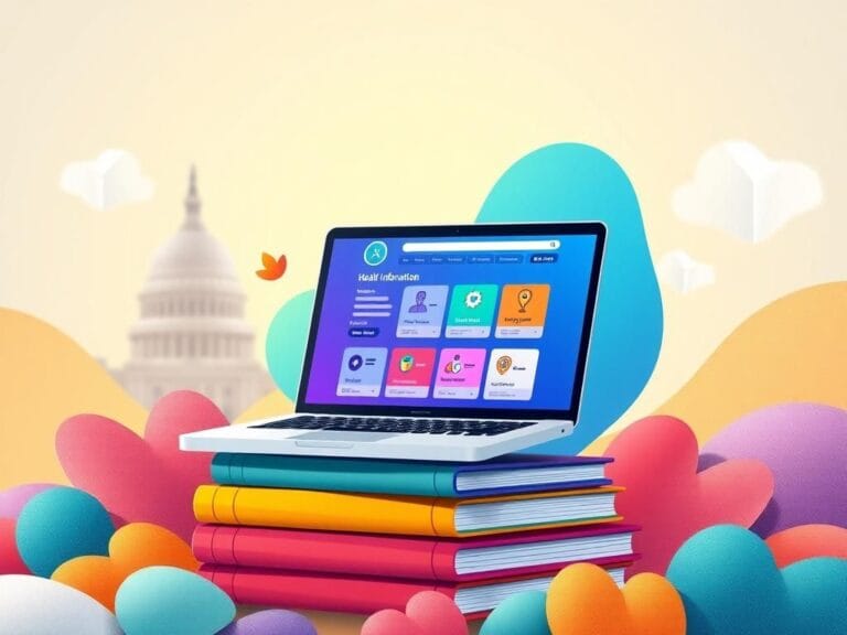 Flick International Illustration of a digital landscape symbolizing the restoration of health information web pages with a laptop and colorful books.