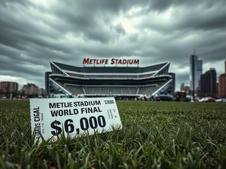 Flick International Dramatic view of MetLife Stadium under a cloudy sky with an expensive World Cup final ticket stub in the foreground