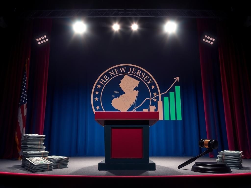 Flick International A stylized representation of a political debate stage featuring a podium with the New Jersey state seal.