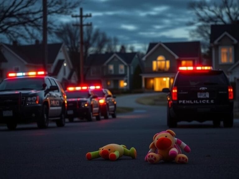 Flick International A suburban street in Leominster, Massachusetts, at dusk with law enforcement SUVs and a child's toy left on the ground.