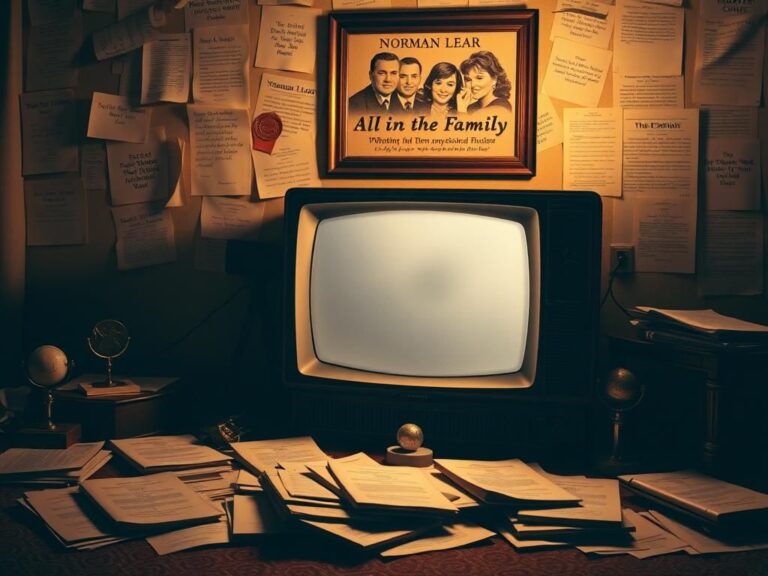 Flick International Vintage television set surrounded by scripts and awards, evoking nostalgia for Norman Lear's legacy