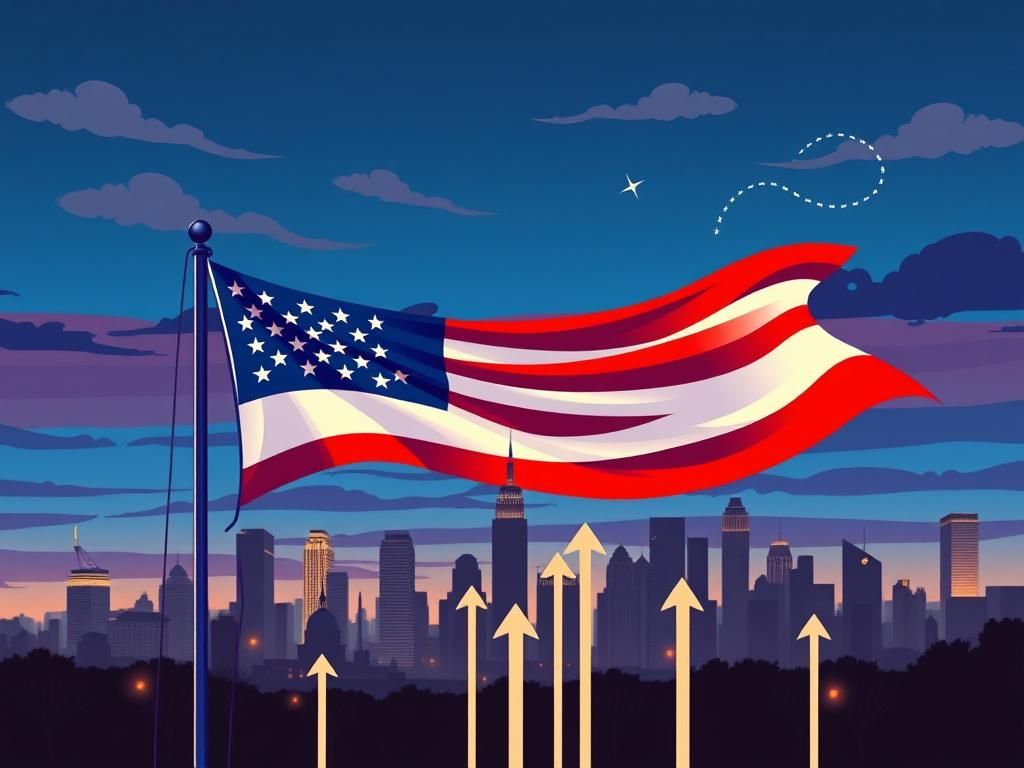 Flick International City skyline at dusk with an American flag, symbolizing democratic values and leadership potential