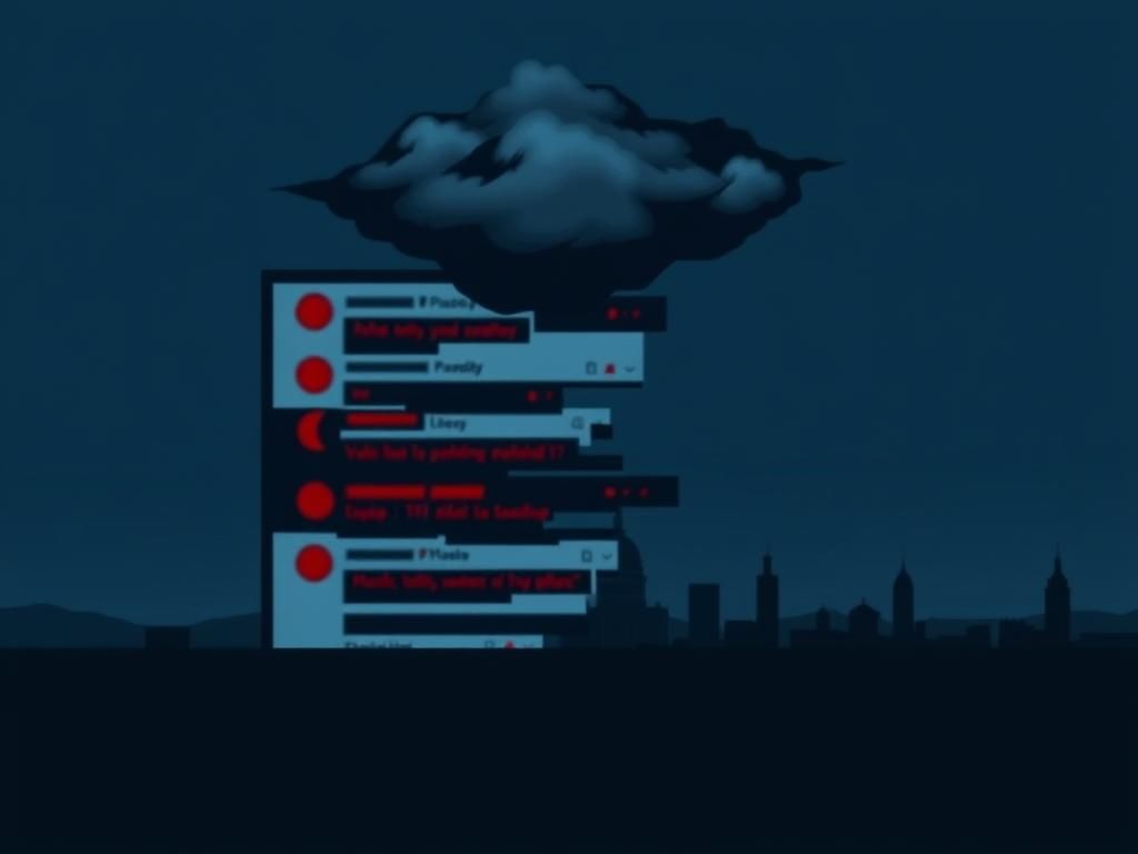 Flick International Abstract representation of social media and political tension with fragmented digital screens