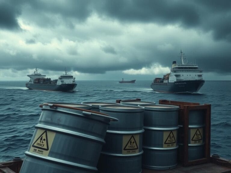 Flick International Dramatic depiction of large ships in a stormy ocean scene with toxic chemical barrels