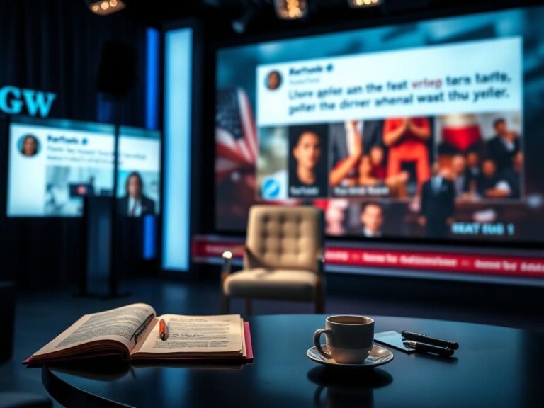 Flick International A dimly lit television studio set with an empty host chair and blurred social media feeds on a display screen.