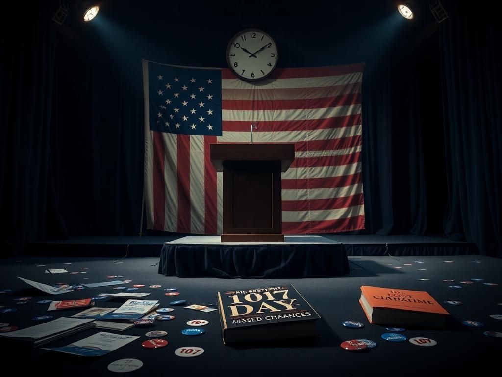 Flick International A large empty podium with scattered campaign materials symbolizing an abrupt presidential campaign end