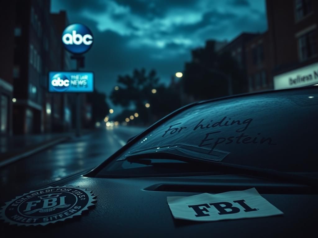 Flick International Abandoned car with note reading 'for hiding Epstein' on dashboard at night