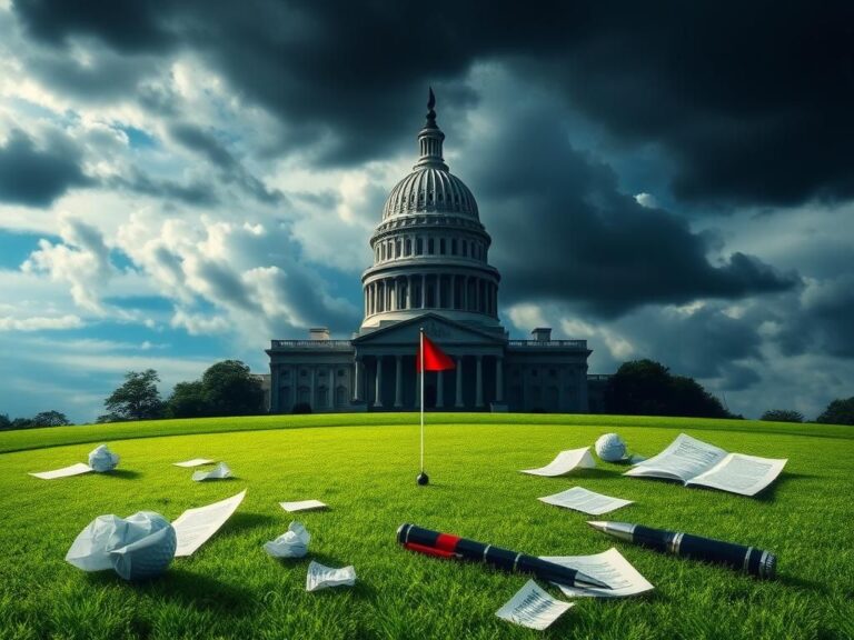 Flick International Abstract representation of American political tension with the Capitol building shadow over a golf course