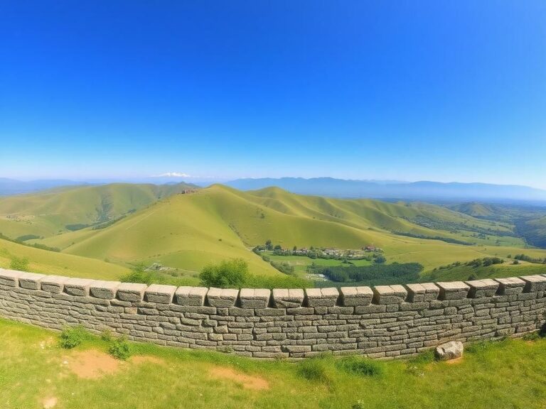 Flick International Panoramic view of Kosovo's landscape illustrating peace and stability with green hills and a stone wall