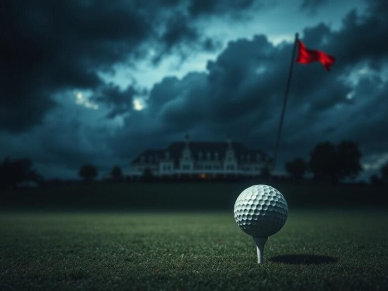 Flick International Dark, ominous scene of an empty golf course at dusk with a golf ball on a tee