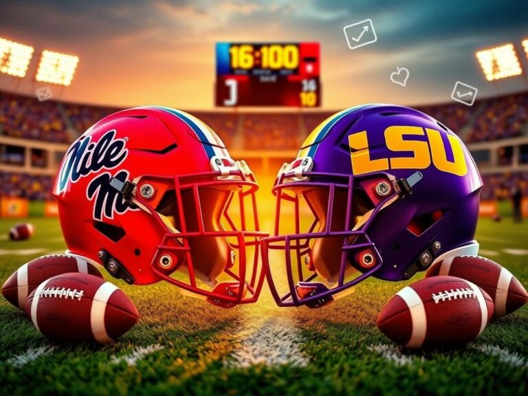 Flick International Ole Miss and LSU football helmets on a vibrant field