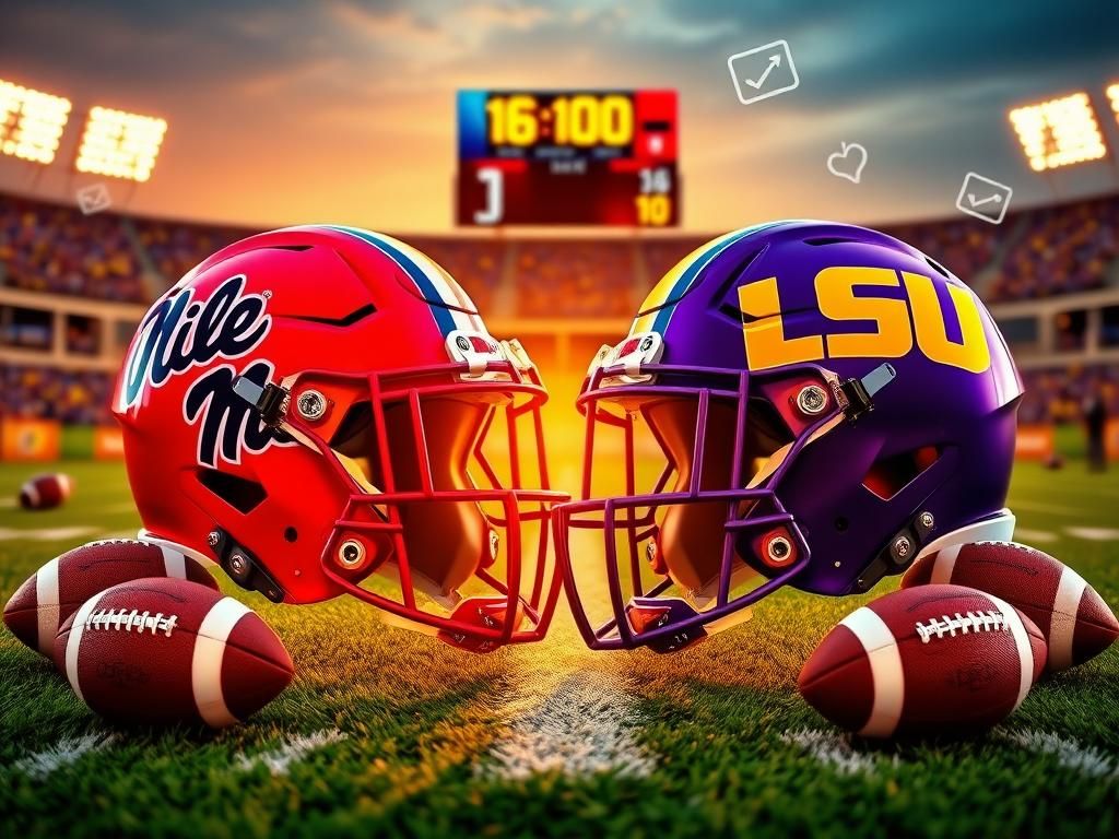 Flick International Ole Miss and LSU football helmets on a vibrant field