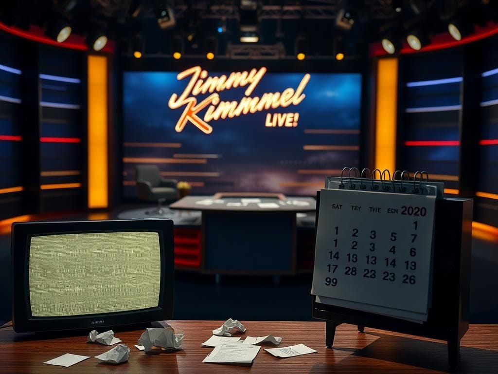 Flick International Dimly lit television studio with an empty talk show set and illuminated 'Jimmy Kimmel Live!' sign.