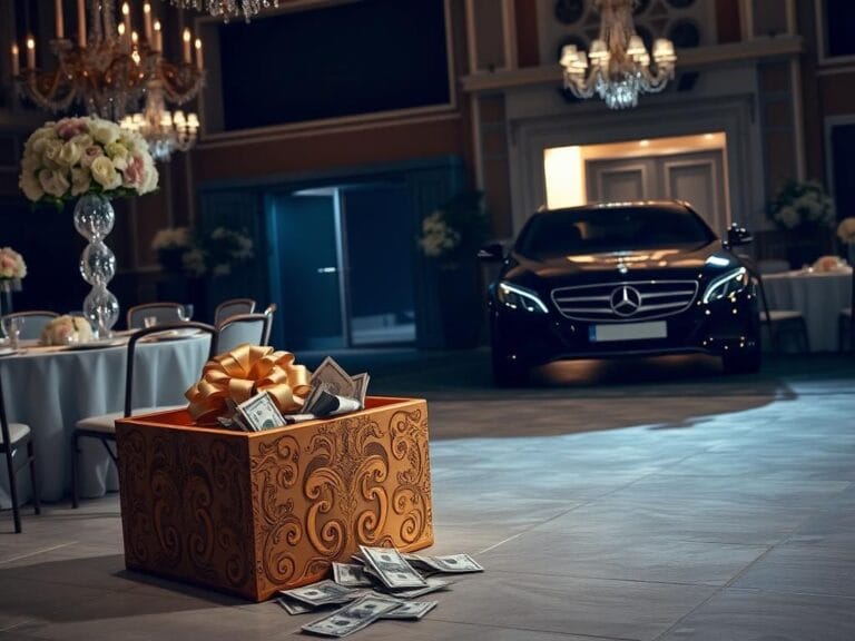 Flick International A lavish wedding reception setting with an ornate gift box containing cash and checks, symbolizing theft