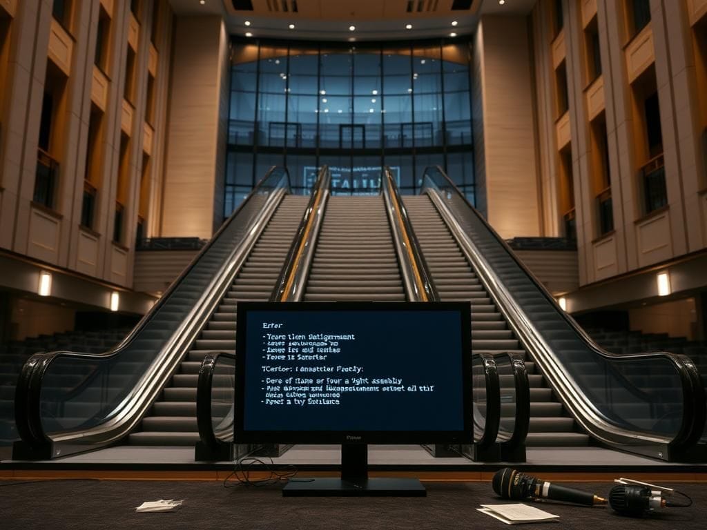 Flick International Close-up of a malfunctioning escalator with stalled steps and warning signs in a grand building