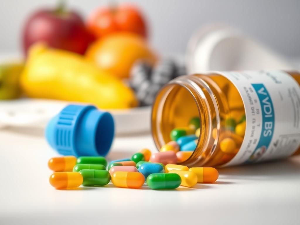 Flick International Close-up of a pill bottle with colorful capsules spilling out on a white surface