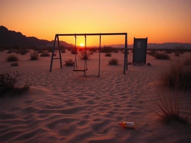 Flick International Desert landscape at dusk with abandoned playground symbolizing lost childhood