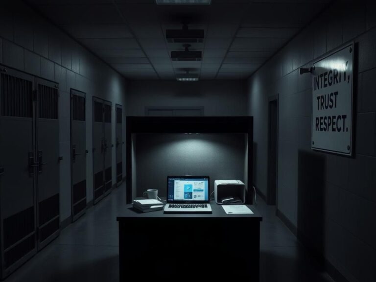 Flick International Dimly lit detention center hallway with steel doors and empty office cubicle