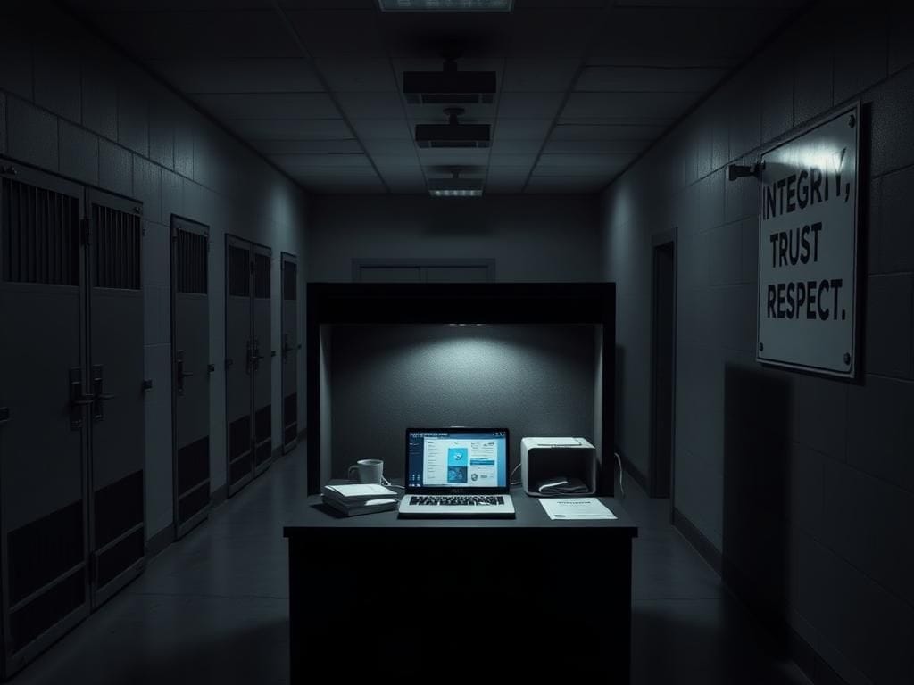 Flick International Dimly lit detention center hallway with steel doors and empty office cubicle