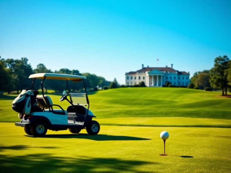 Flick International A serene golf course scene with manicured greens and a parked golf cart symbolizing leisure amidst political tension