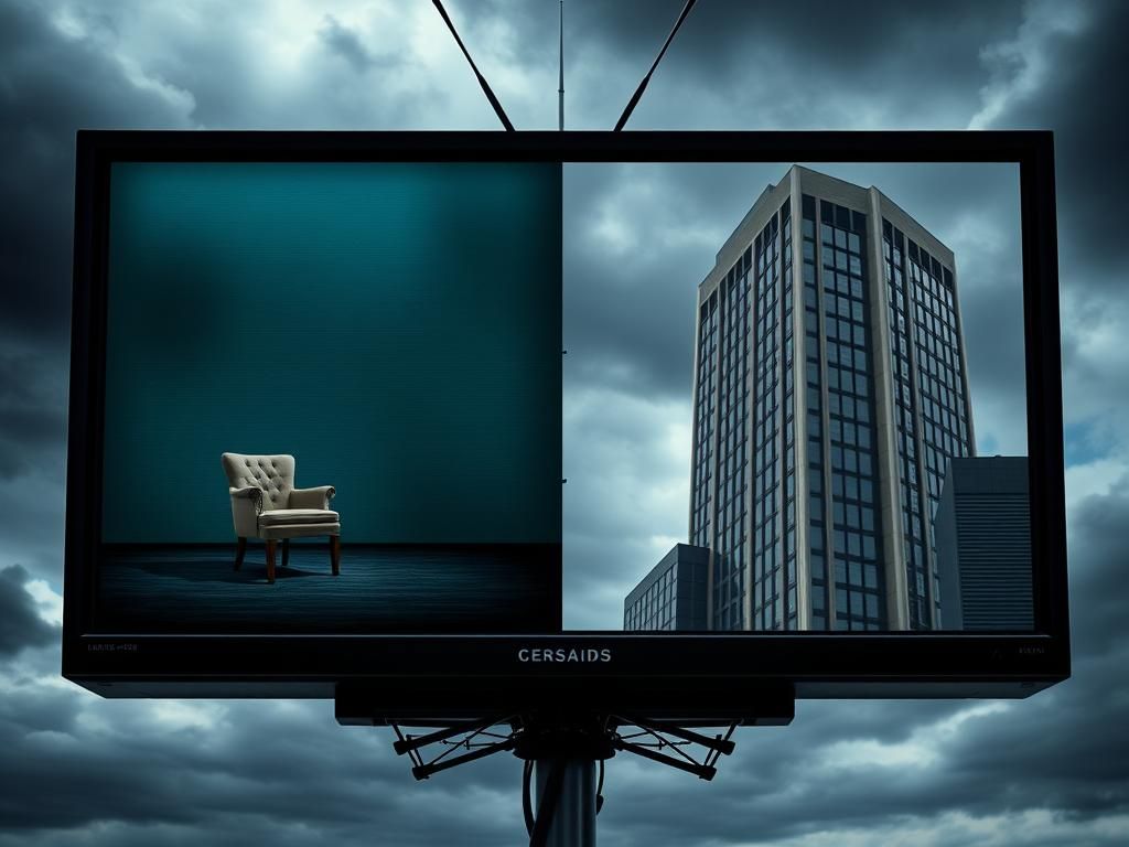 Flick International Split television screen depicting an empty late-night talk show set contrasted with a corporate office building under a stormy sky
