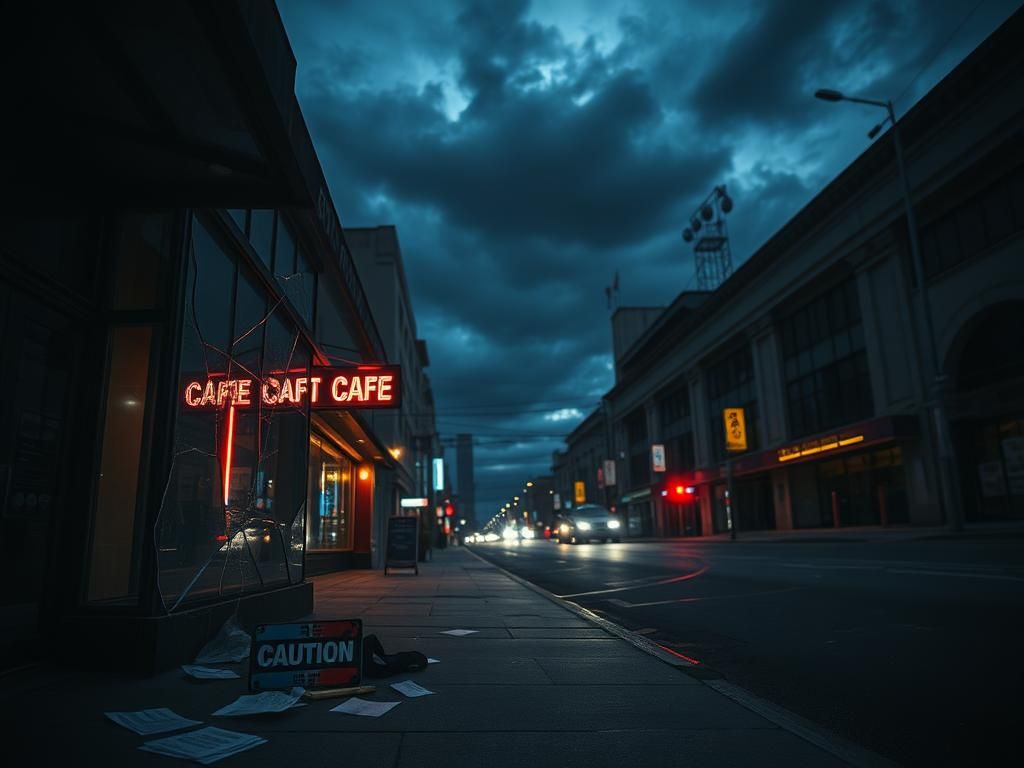 Flick International A somber urban landscape at dusk with a shattered cafe window reflecting shadows