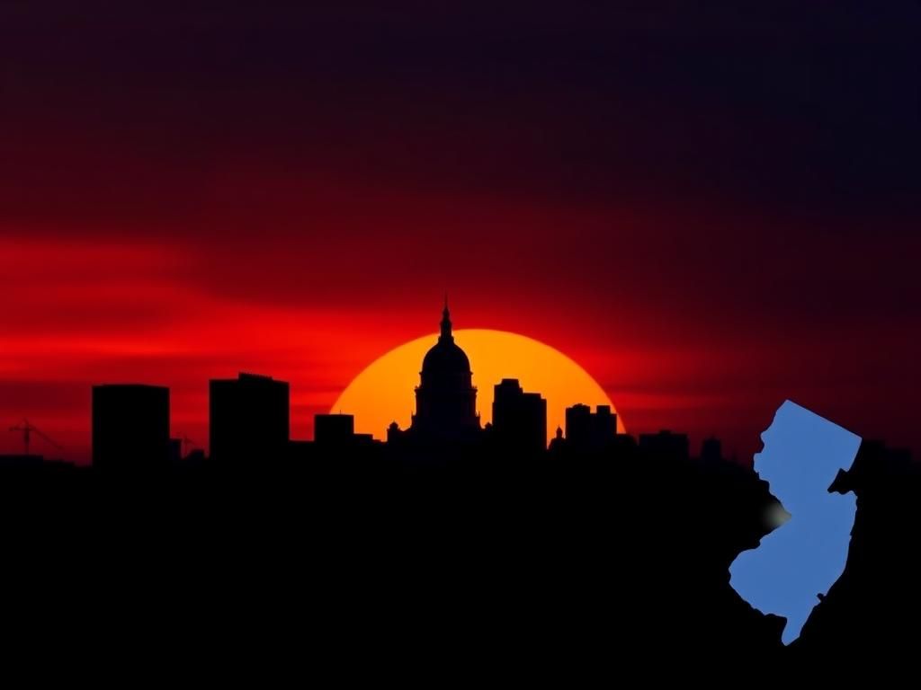 Flick International Dramatic sunset over New Jersey skyline with state capitol silhouette and police badge