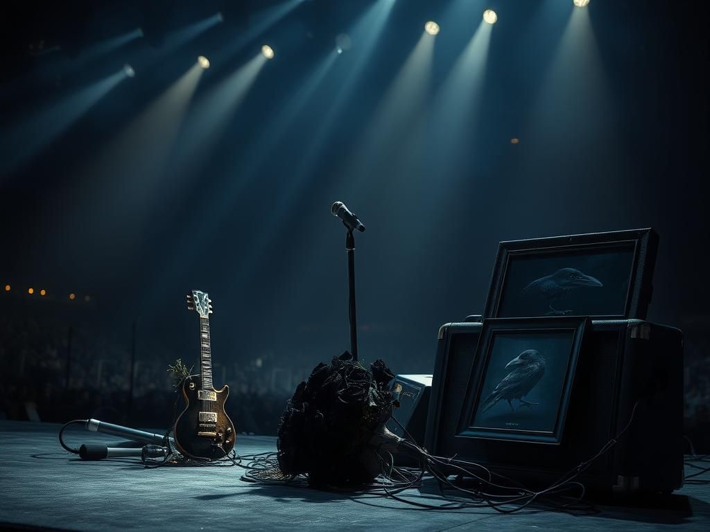 Flick International A dimly lit abandoned stage with musical instruments and a silhouette of a crumbling concert venue