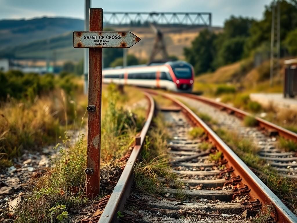 Flick International Close-up view of a rusting railway track overgrown with weeds, symbolizing neglect and delay in infrastructure development.