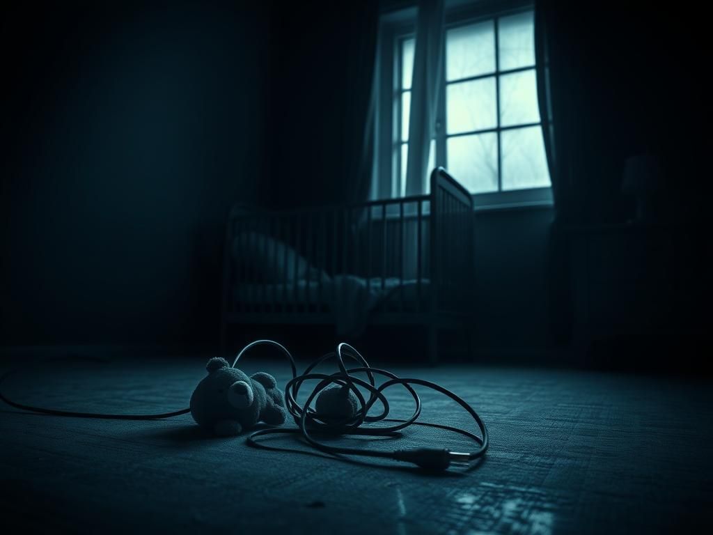 Flick International dimly lit room with a power cord and teddy bear, suggesting a sense of danger