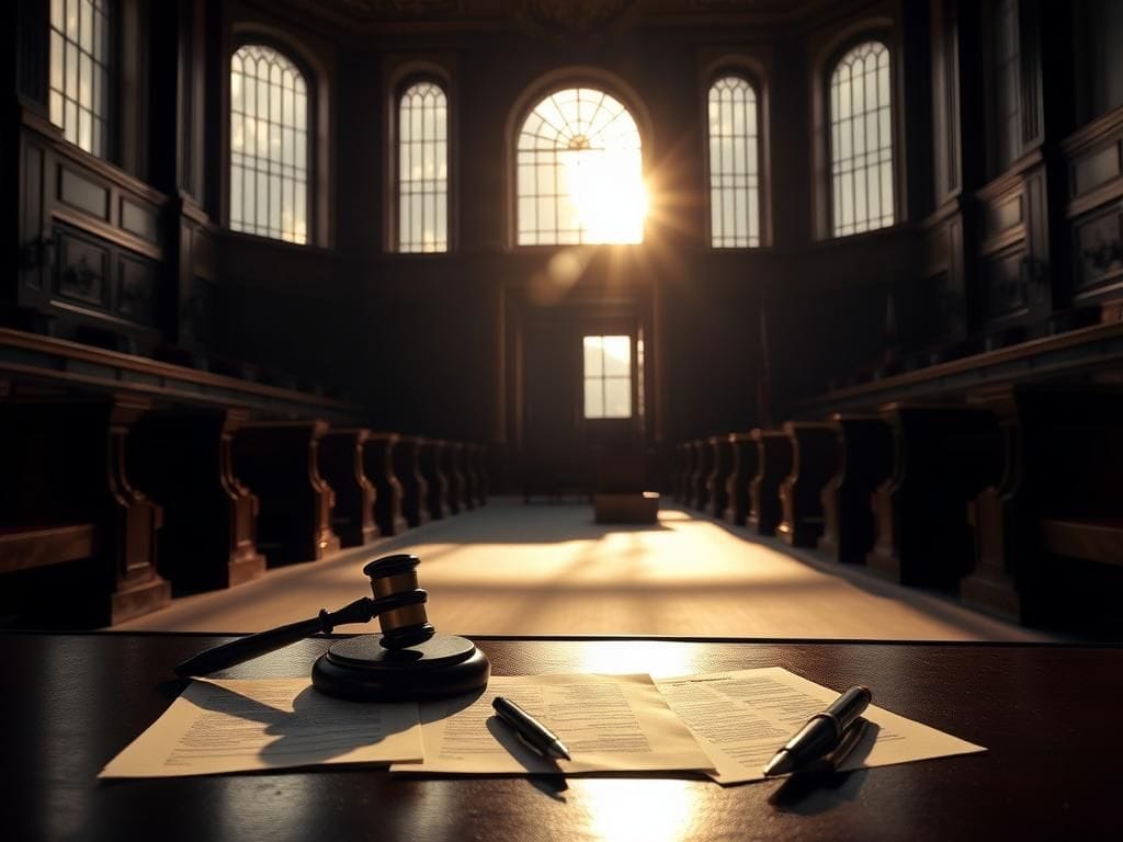 Flick International Empty courtroom symbolizing justice with wooden benches and a gavel