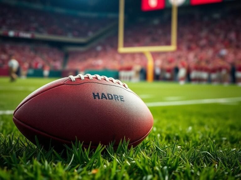 Flick International Close-up of an American football on a vibrant green field with cheering fans in the background