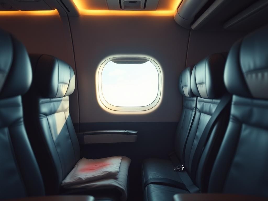 Flick International A cramped airplane interior highlighting two empty seats and a lifted armrest