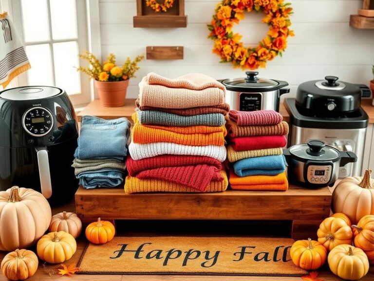 Flick International Cozy autumn-inspired scene featuring colorful sweaters and jeans on a rustic wooden table with kitchen appliances and fall decorations.