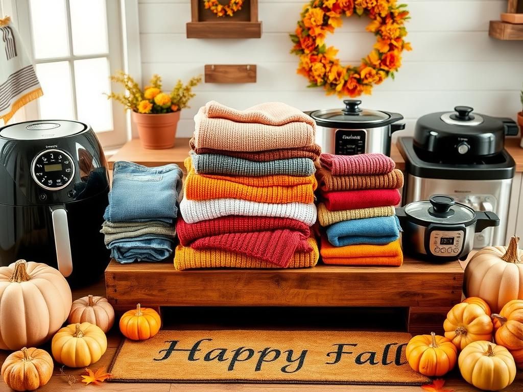 Flick International Cozy autumn-inspired scene featuring colorful sweaters and jeans on a rustic wooden table with kitchen appliances and fall decorations.