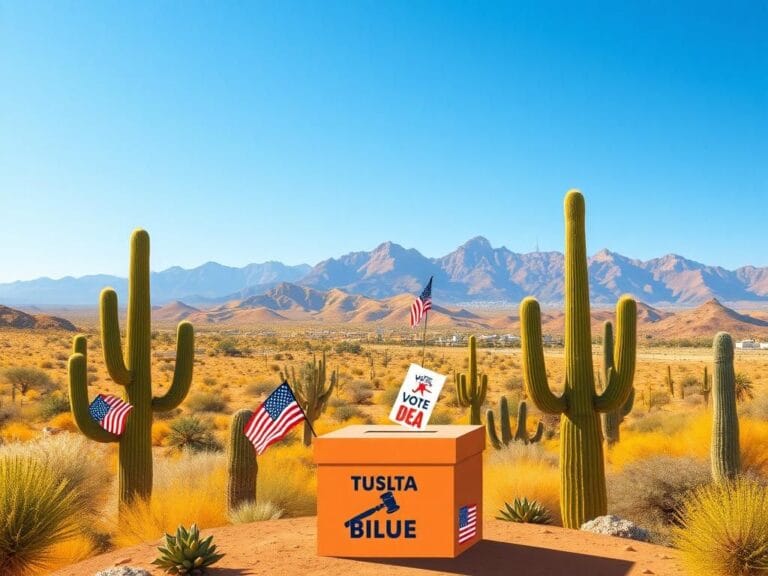 Flick International Vibrant southern Arizona landscape featuring saguaro cacti and a prominent ballot box symbolizing democracy
