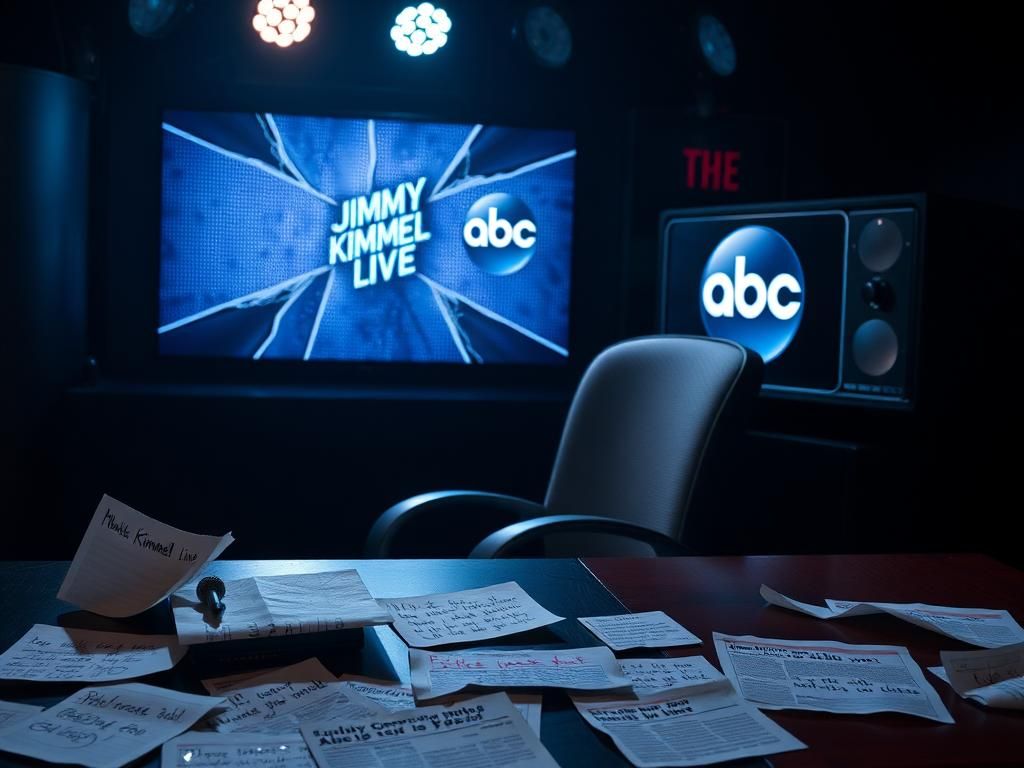 Flick International Dimly lit broadcasting studio with an empty chair labeled 'Jimmy Kimmel Live'