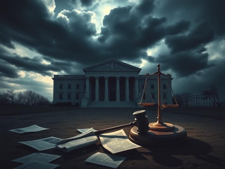 Flick International Shadowy Justice Department building under a stormy sky with a gavel and scattered documents symbolizing loss of impartiality
