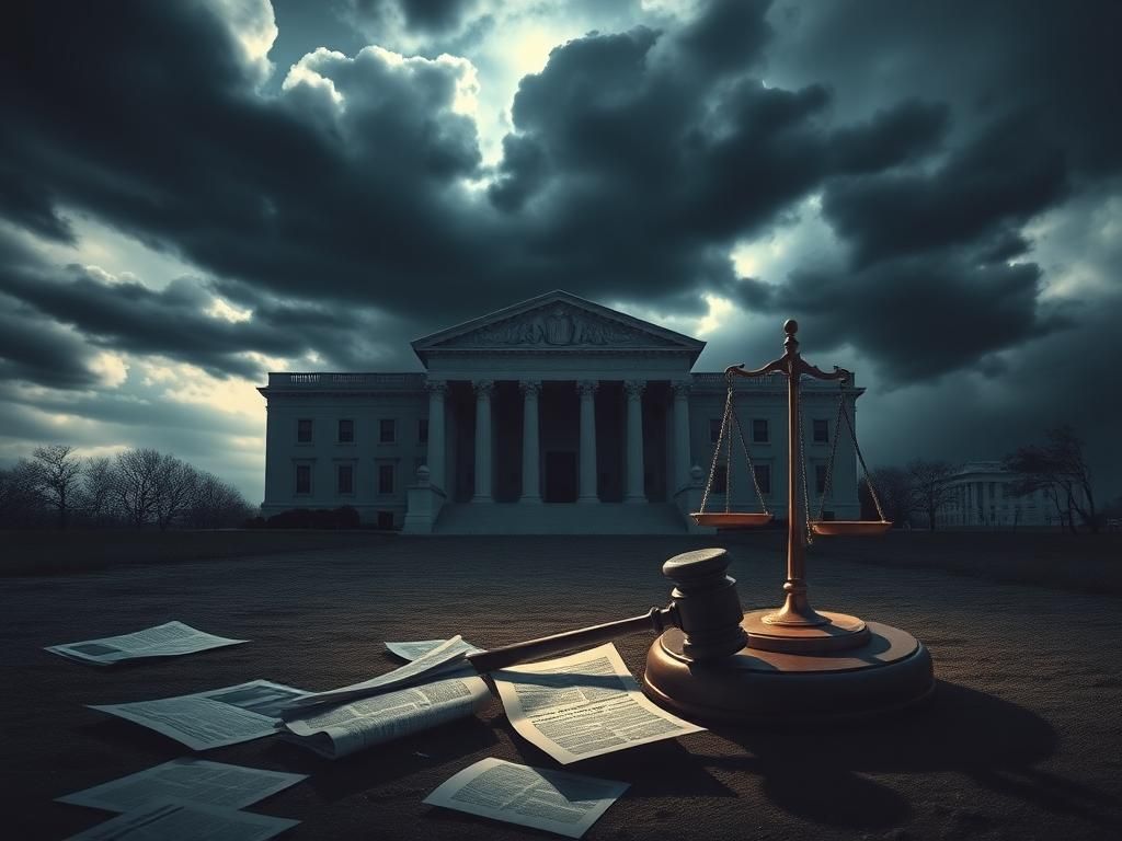 Flick International Shadowy Justice Department building under a stormy sky with a gavel and scattered documents symbolizing loss of impartiality