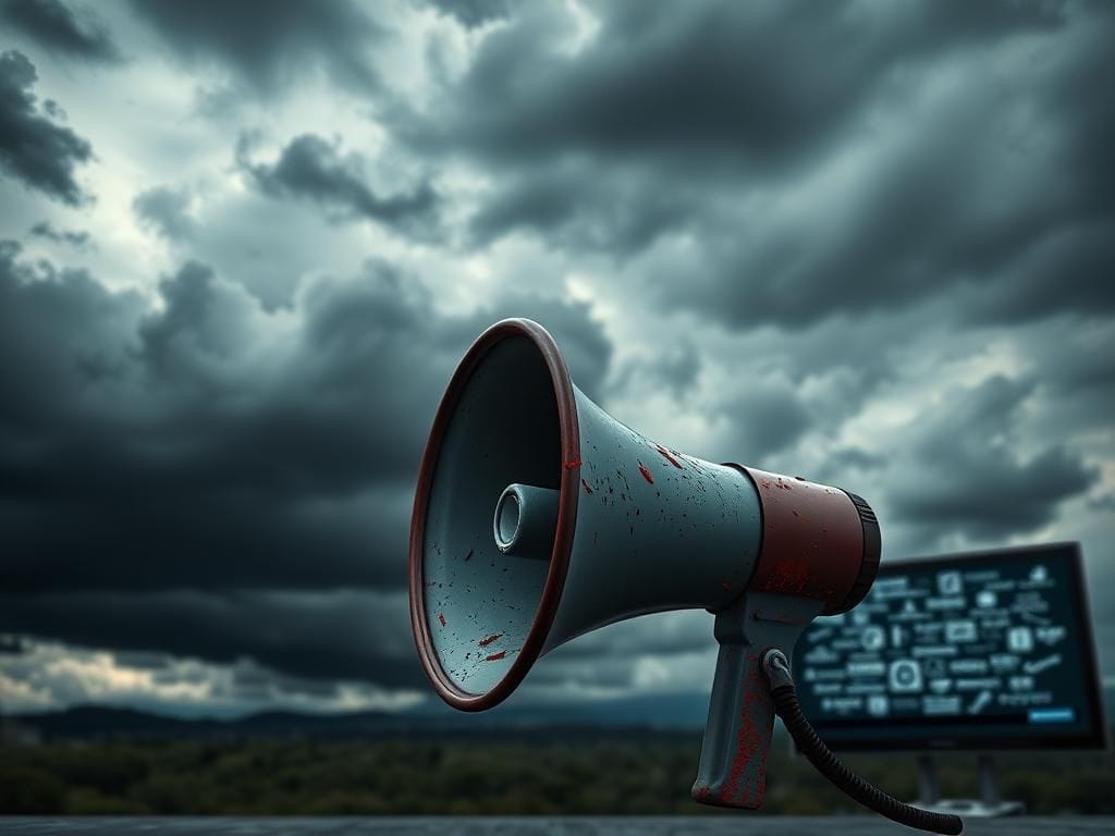 Flick International A large, broken megaphone symbolizing silenced voices and free speech attacks