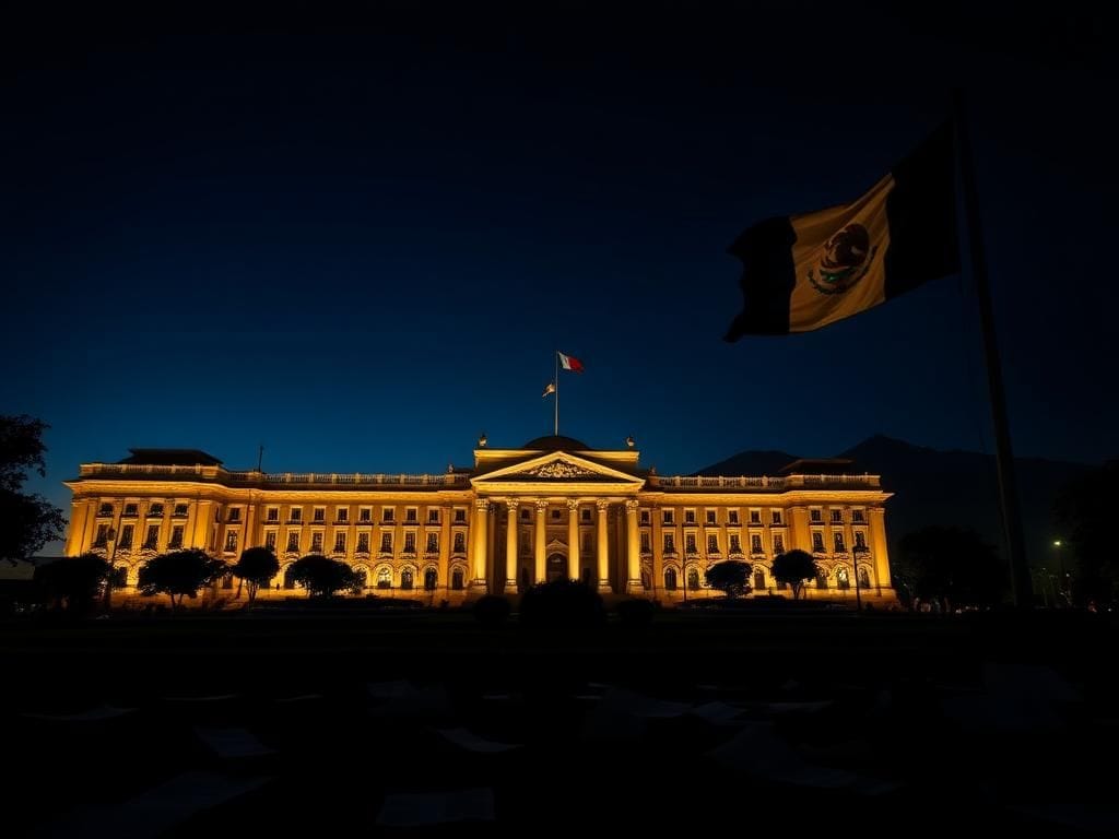 Flick International Night scene of the Palacio Nacional in Mexico City, showcasing illuminated architecture and a large Mexican flag